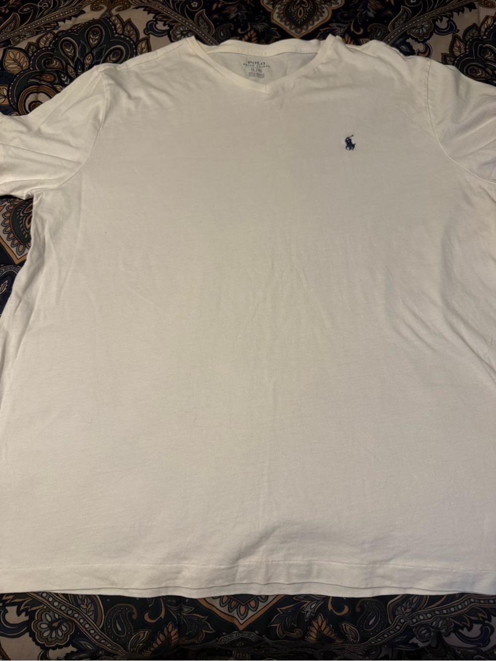 Ralph Lauren White V-Neck Tee with Navy Pony Logo